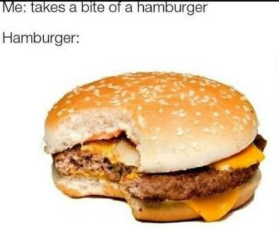 meme with the caption 'me: takes a bite of hamburger. hamburger:' the image is a beautiful stock image of a hamburger with a bite out of it.